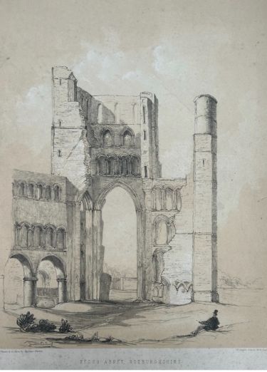 fig 1. A mid-19th-century monochrome lithograph detailing the stone arches and ruined towers of Kelso Abbey.