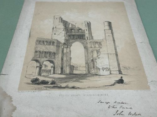 fig 3. A mid-19th-century monochrome lithograph detailing the stone arches and ruined towers of Kelso Abbey.