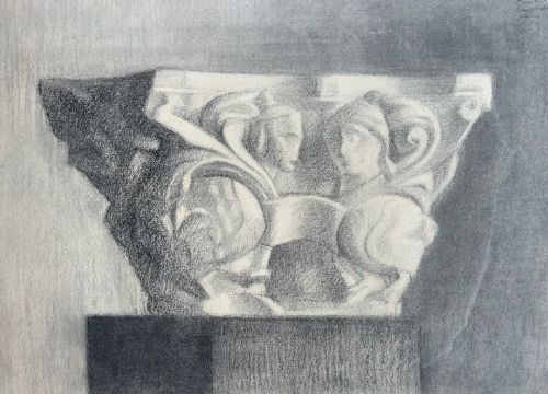 fig 1. A monochrome graphite pencil drawing depicting a sculpted classical stone capital featuring relief figures atop a pedestal.
