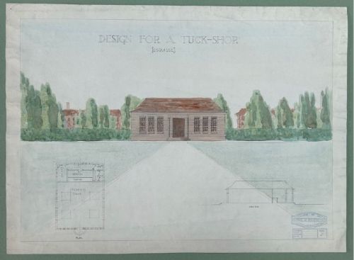 Original 1930s Leeds School of Architecture Watercolour & Pencil Technical Drawing Tuck Shop Design