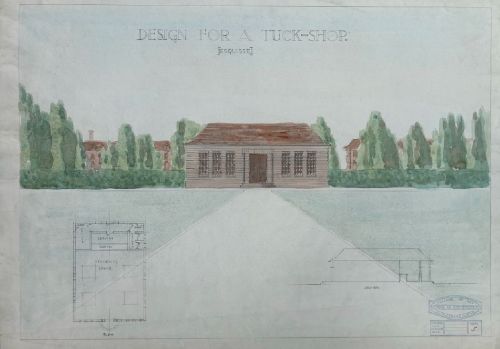 fig 1. Original 1930s architectural watercolour and pencil drawing displaying a building elevation, floor plan, and side view titled Design for a Tuck-Shop.