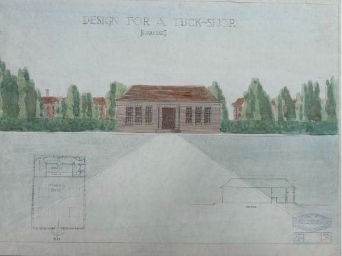 fig 2. Original 1930s architectural watercolour and pencil drawing displaying a building elevation, floor plan, and side view titled Design for a Tuck-Shop.