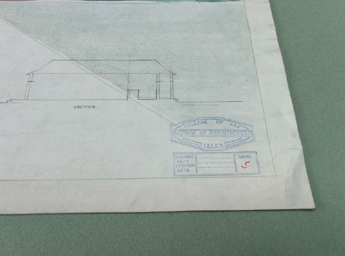 Original 1930s architectural watercolour and pencil drawing displaying a building elevation, floor plan, and side view titled Design for a Tuck-Shop. View IV