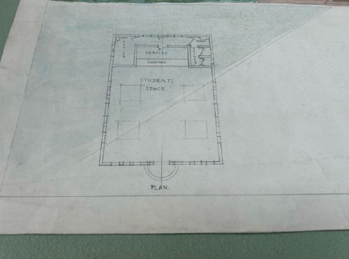 Original 1930s architectural watercolour and pencil drawing displaying a building elevation, floor plan, and side view titled Design for a Tuck-Shop. View V