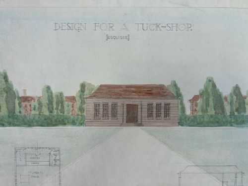 Original 1930s architectural watercolour and pencil drawing displaying a building elevation, floor plan, and side view titled Design for a Tuck-Shop. View VI