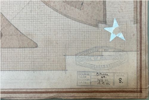 fig 2. A framed 1933 hand-drawn architectural site plan featuring a central rectangular museum layout flanked by symmetrical plazas and avenues rendered in sepia ink and wash.
