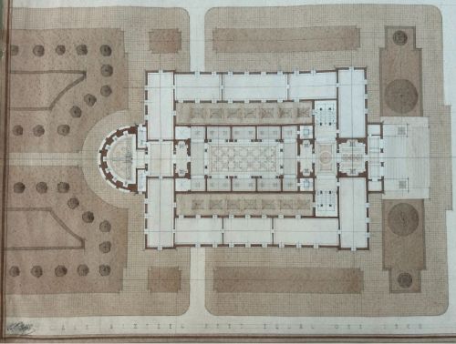 fig 4. A framed 1933 hand-drawn architectural site plan featuring a central rectangular museum layout flanked by symmetrical plazas and avenues rendered in sepia ink and wash.