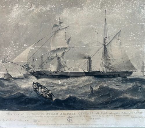 Early 19th Century Original 1840 Ackermann, Knell Antique Naval Maritime Engraving HMS Cyclops Steam Frigate