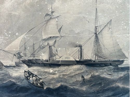fig 1. An 1840 monochrome naval engraving depicting the steam frigate HMS Cyclops on rough seas with printed historical captions at the bottom.