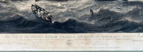 fig 4. An 1840 monochrome naval engraving depicting the steam frigate HMS Cyclops on rough seas with printed historical captions at the bottom.