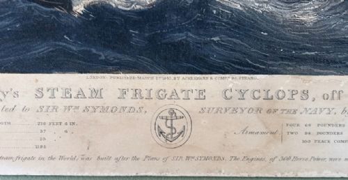 fig 5. An 1840 monochrome naval engraving depicting the steam frigate HMS Cyclops on rough seas with printed historical captions at the bottom.