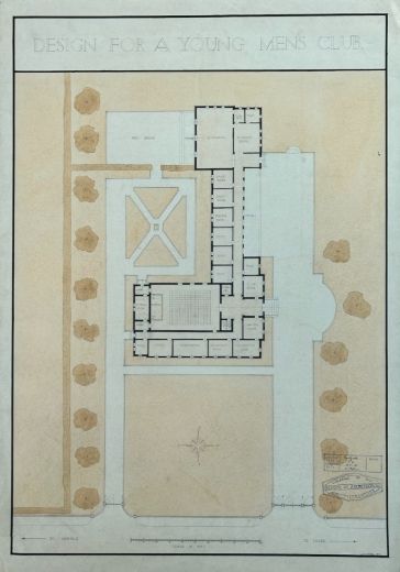 Original Early 20th Century 1932 Architectural Drawing – Young Men's Club – K. Pitchford – Leeds School of Architecture College of Art