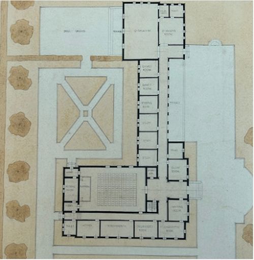 fig 3. An original 1932 architectural floor plan drawing on cream paper depicting the layout and grounds for a young mens club.