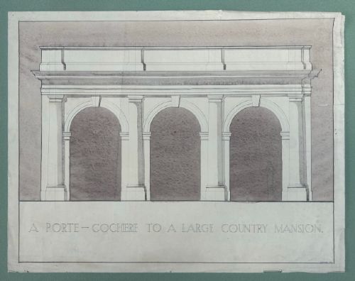 fig 1. A 1930s architectural elevation drawing depicting a classical three-arched porte-cochere on paper with grey watercolour washes.