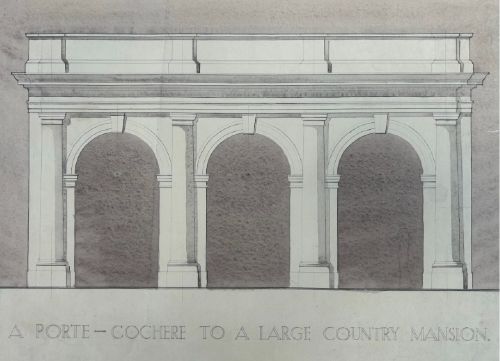 fig 2. A 1930s architectural elevation drawing depicting a classical three-arched porte-cochere on paper with grey watercolour washes.