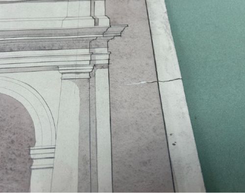 A 1930s architectural elevation drawing depicting a classical three-arched porte-cochere on paper with grey watercolour washes. View IV