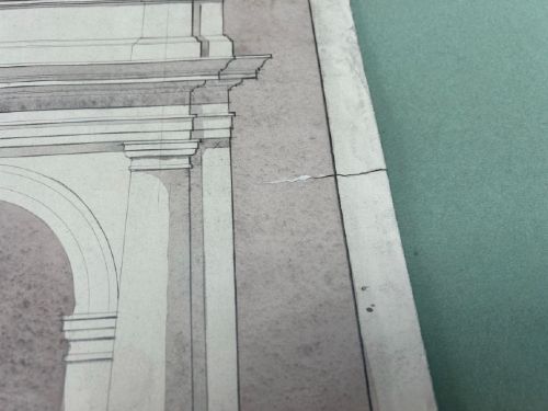 A 1930s architectural elevation drawing depicting a classical three-arched porte-cochere on paper with grey watercolour washes. View V