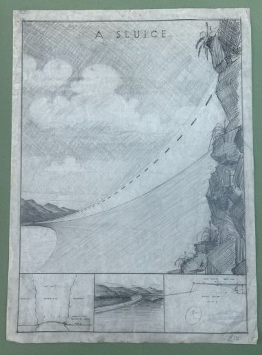 Original 1934 Architectural Pencil Drawing – A Sluice – K. Pitchford – Leeds College of Art School of Architcture