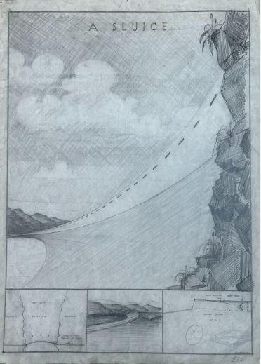 fig 1. A 1934 graphite architectural study on paper titled A Sluice, showing a perspective reservoir view above technical cross-section diagrams.