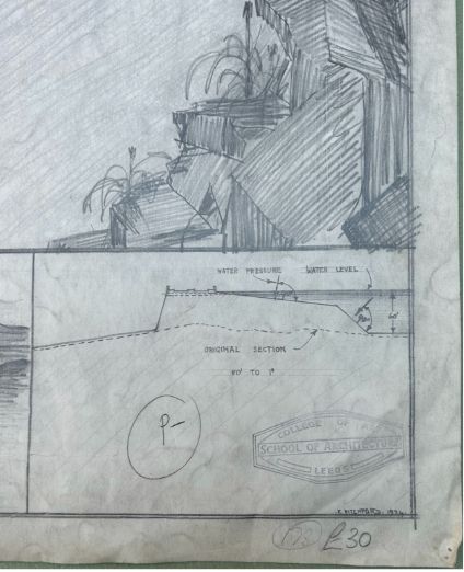 fig 2. A 1934 graphite architectural study on paper titled A Sluice, showing a perspective reservoir view above technical cross-section diagrams.