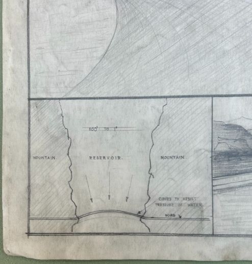 fig 3. A 1934 graphite architectural study on paper titled A Sluice, showing a perspective reservoir view above technical cross-section diagrams.