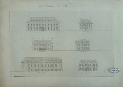fig 1. A 1930s pen and ink architectural drawing displaying six separate neoclassical building facade compositions on off-white paper.