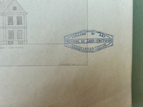 fig 2. A 1930s pen and ink architectural drawing displaying six separate neoclassical building facade compositions on off-white paper.