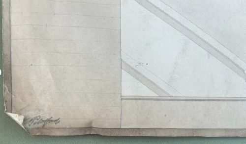 fig 1. An original 1930s monochrome architectural drawing on paper depicting an isometric perspective and column detail of a classical Greek Propylaea gateway structure.