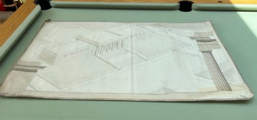 fig 4. An original 1930s monochrome architectural drawing on paper depicting an isometric perspective and column detail of a classical Greek Propylaea gateway structure.