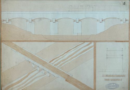 fig 1. An original 1930s architectural drawing on cream paper depicting elevations, isometric projections, and cross-sections of a railway viaduct.