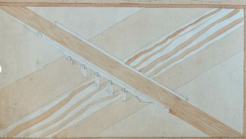 fig 3. An original 1930s architectural drawing on cream paper depicting elevations, isometric projections, and cross-sections of a railway viaduct.