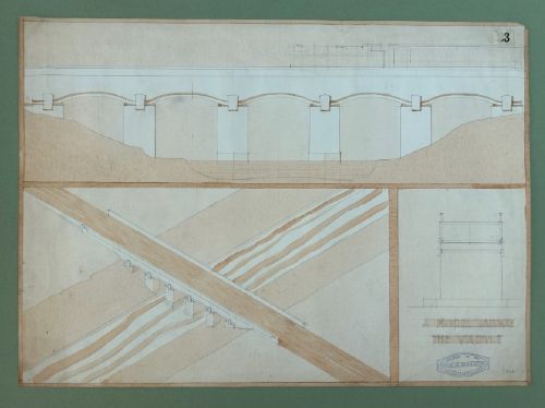 fig 4. An original 1930s architectural drawing on cream paper depicting elevations, isometric projections, and cross-sections of a railway viaduct.