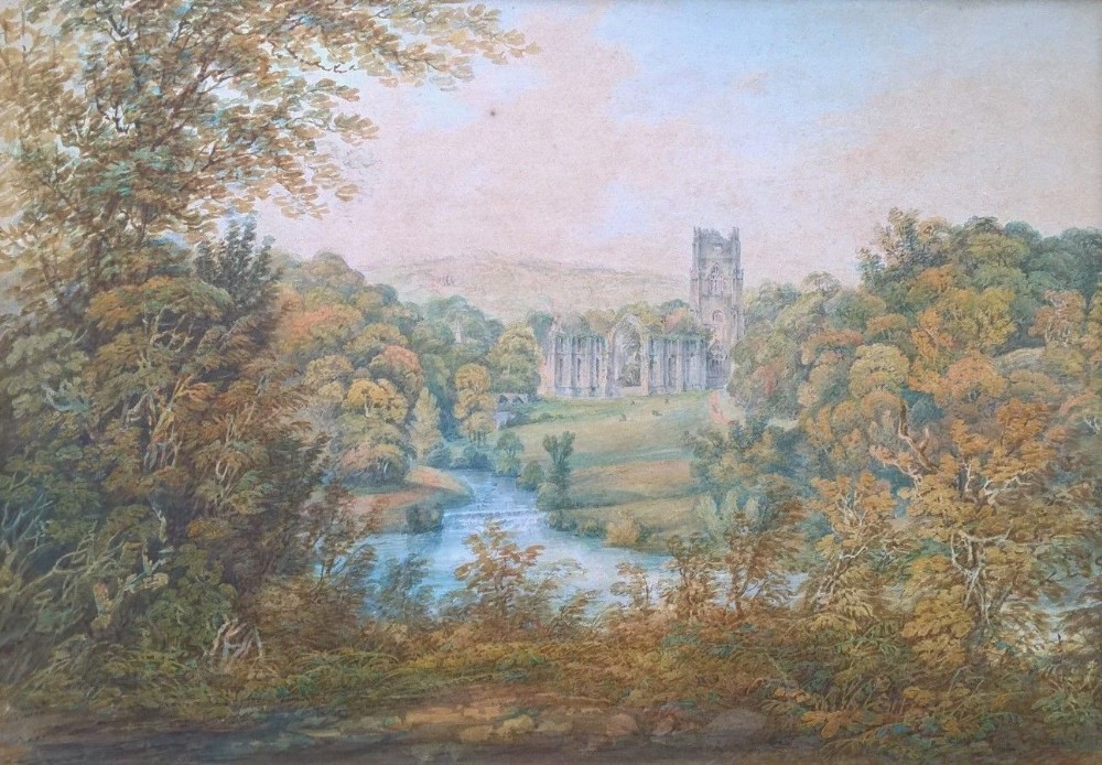 John Pearson 1799 Signed Original Watercolour Painting Fountains Abbey Yorkshire