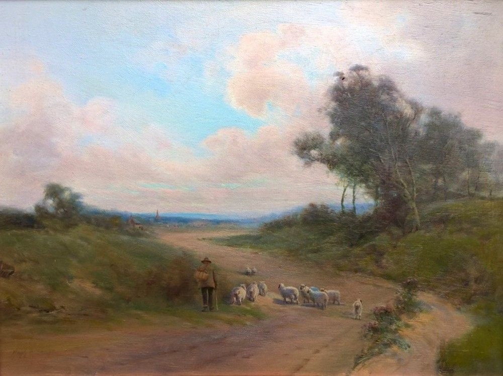HUGH BERRY SCOTT Signed Original Vintage Lancashire Oil Painting on Board Shepherd with Sheep on a Country Lane