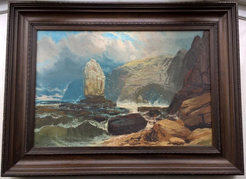 MARK ANSON Signed Original 19th Century Antique Oil Painting Selwick Bay Stack Flamborough Yorkshire Seascape