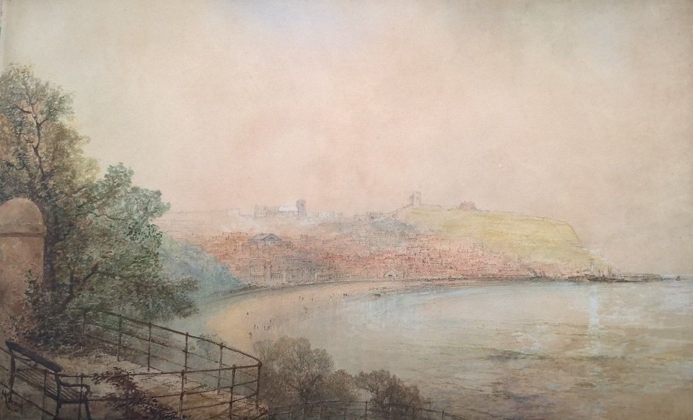 Paul Marny Signed Large Original Antique Watercolour Painting Attached to Canvas Scarborough bay Seascape