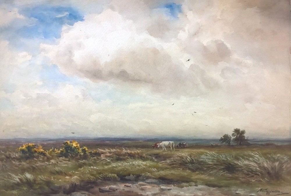 Wycliffe Egginton Original Signed Antique English Watercolour Painting Cattle in a Moorland Landscape