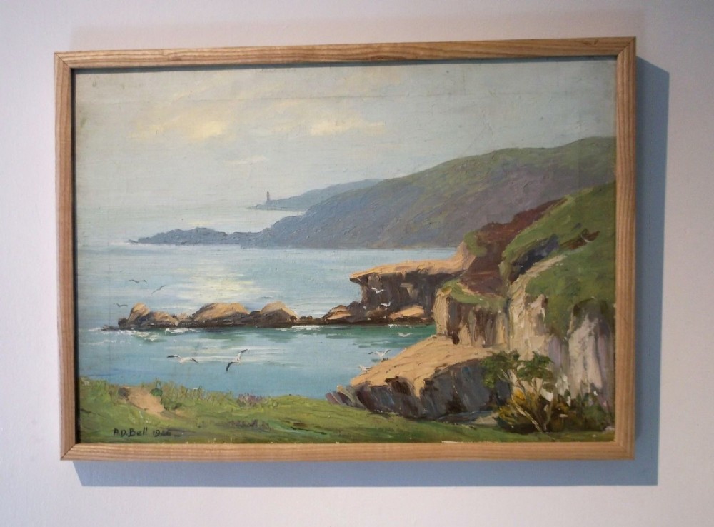 A D Bell (Wilfred Knox) Signed 1946 Original Vintage English Oil Painting Rocky Coastal Seascape View with Distant Lighthouse