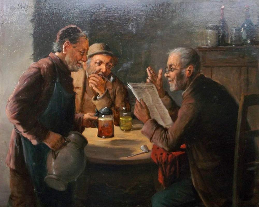 Carl Stoitzner (Austrian) Signed Original  Oil Painting on Wooden Panel Three Men Conversing in a Tavern, Interior Scene