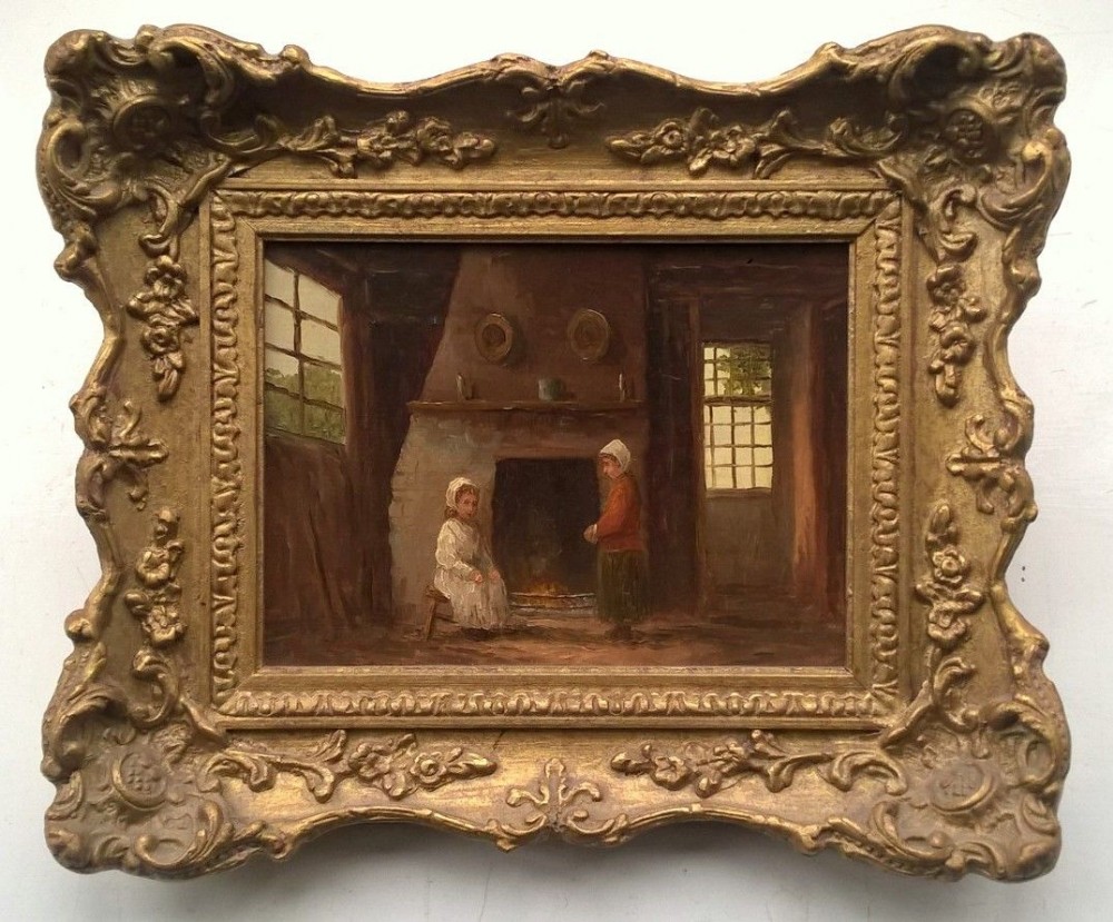 Original Antique Oil Painting Indistinctly signed Children beside a Fire Place 