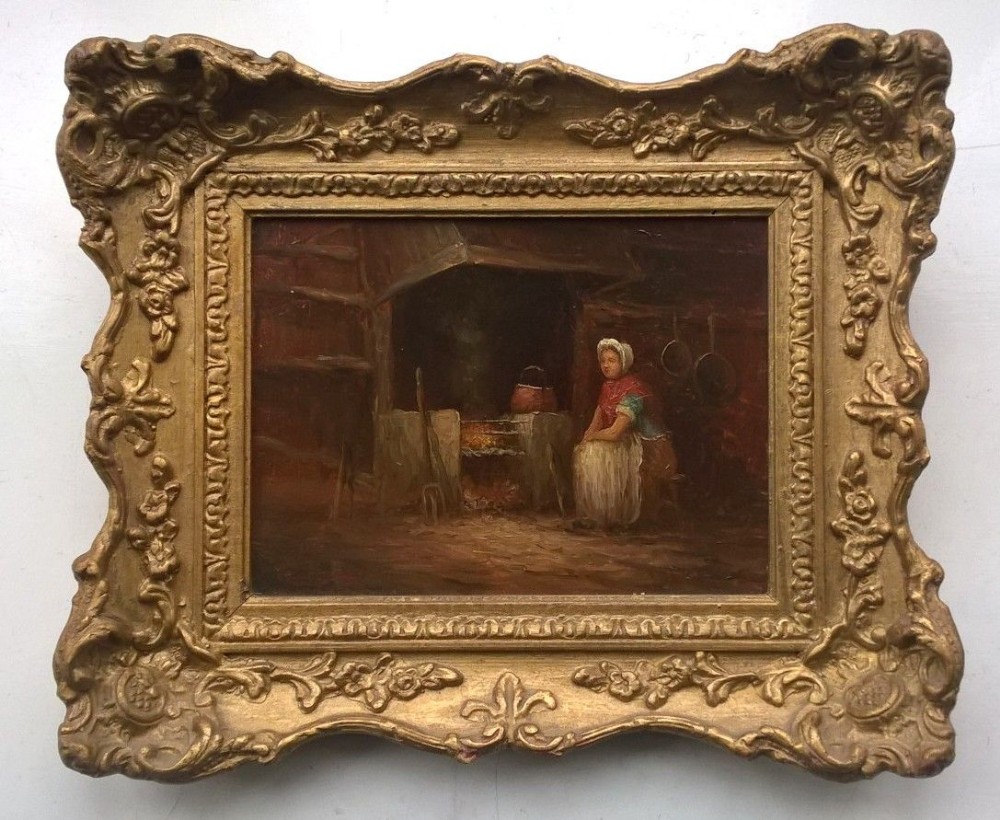Original Antique Oil Painting on Wooden Panel Indistinctly Signed Lady Seated by Fireplace Ornate Frame