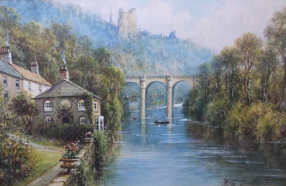Albert Milton Drinkwater Signed Original Antique Watercolour Painting Knaresborough Waterside Viaduct over River Nidd Yorkshire 