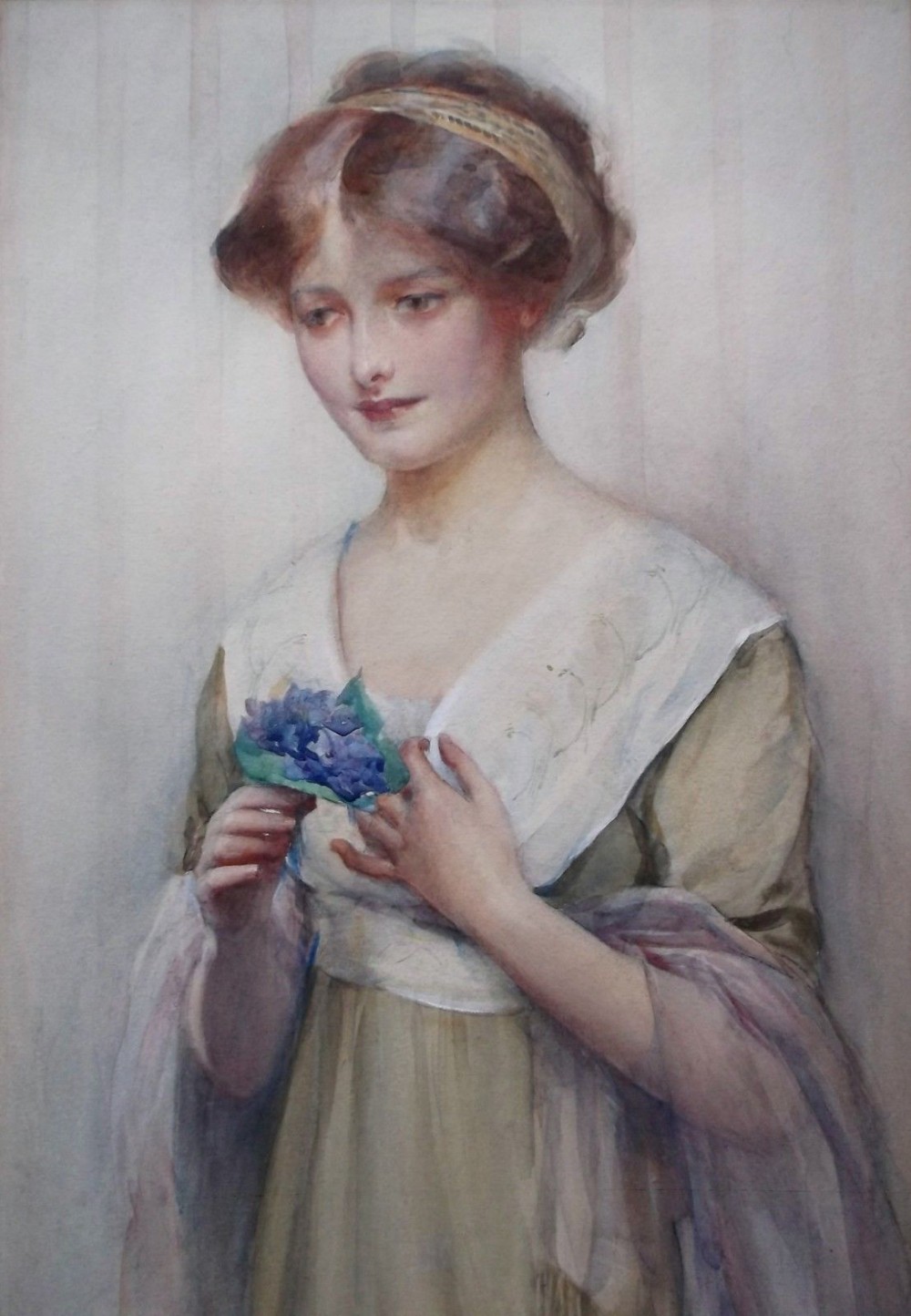 Walter Ernest Webster Signed and Dated (19)10 Original English Antique Watercolour Painting Portrait of a Young Lady Holding a Posy of Flowers