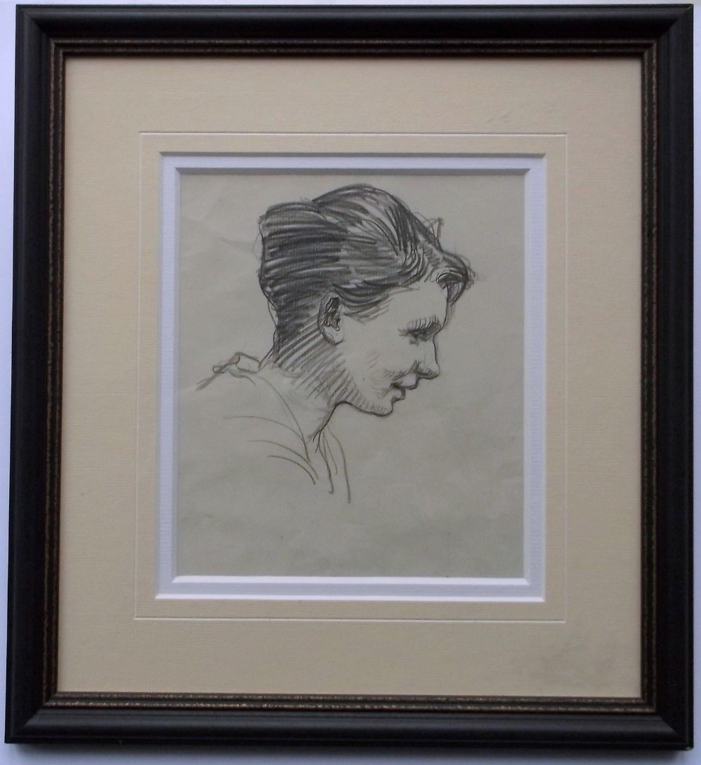 Attributed to Sir Alfred Munnings Original English Pencil Sketch Head and shoulders Portrait of a Lady with Provenance
