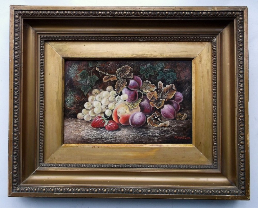 Signed Oliver Clare Original Antique Oil Painting on Canvas Fruit Still Life Study in Period Frame 