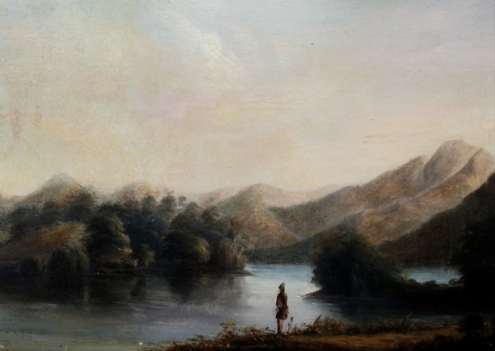 Original Antique Oil Painting on panel Scottish School Highlander before a Glen Mountain Landscape