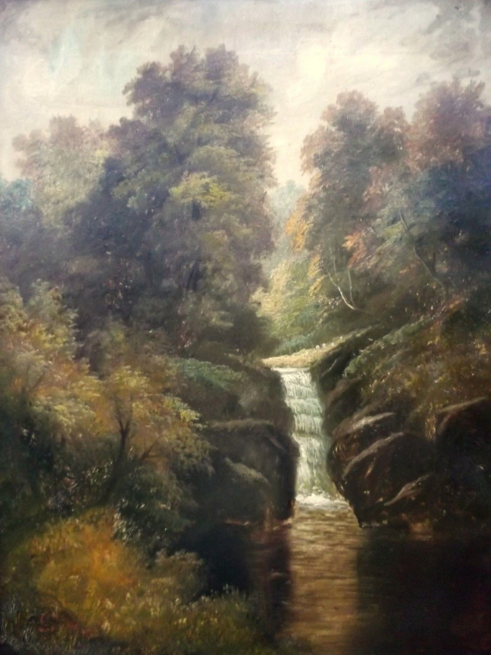 1880 Indistinctly Signed Original Antique English School Oil Painting Yorkshire Waterfall landscape 2 