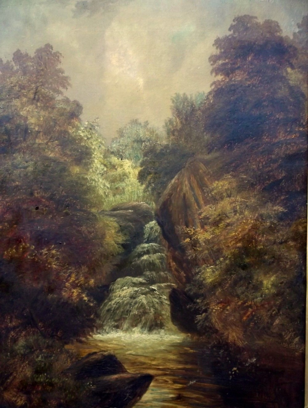 Indistinctly Signed 1880 Original Antique English School Oil Painting Yorkshire Waterfall 1 in Large Solid Wood Frame
