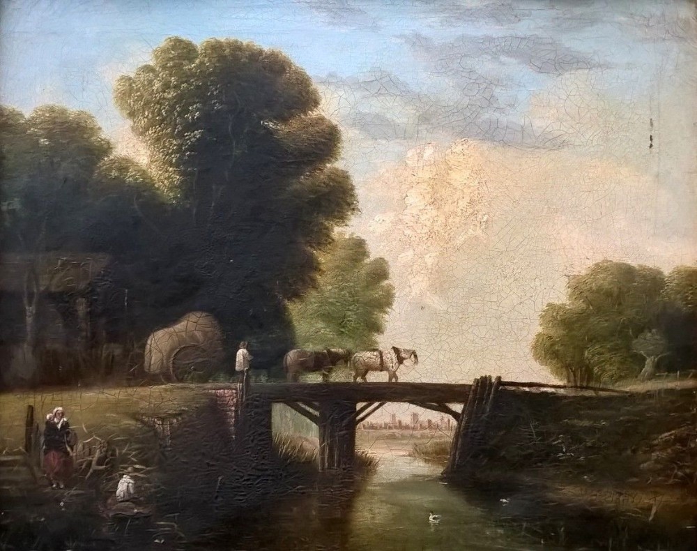Attributed to Leon Gaucherel Original French 19th Century Antique Oil Painting Farm Horses & Wooden Bridge with Signed Engraving of the Painting
