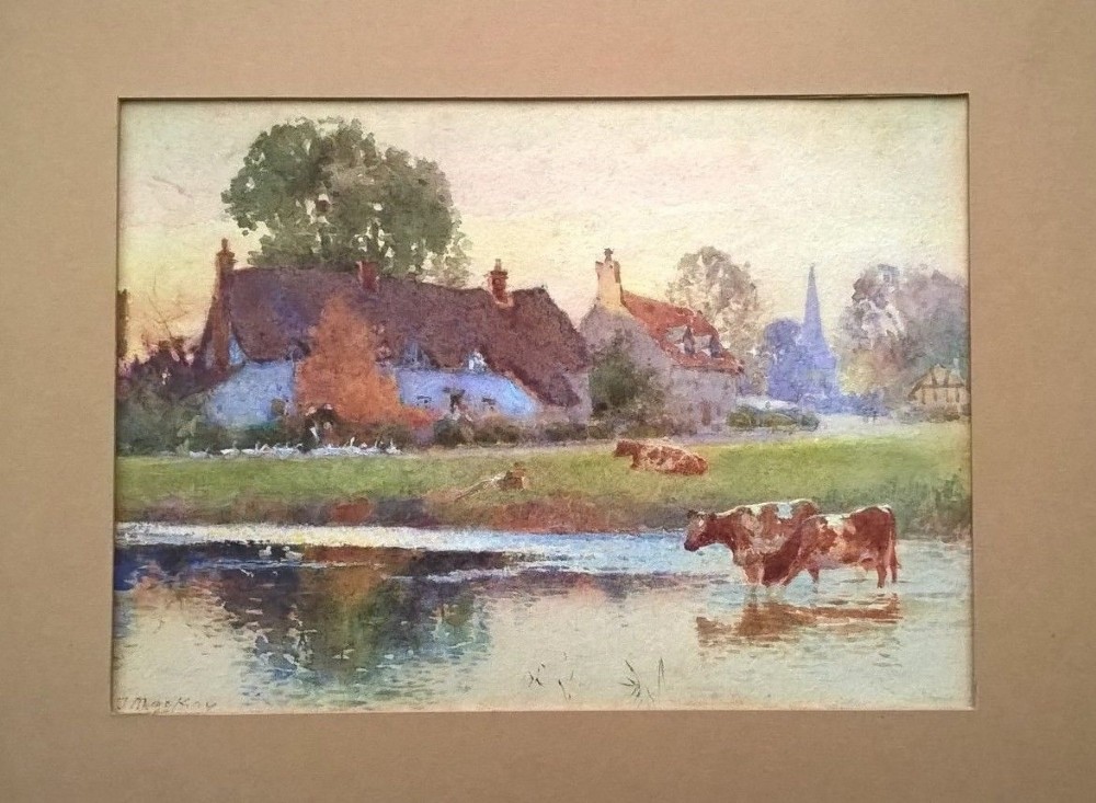 James Millar Mackay (1863 - 1936) Original Signed Antique English Watercolour Painting Village Pond with Cattle Landscape 
